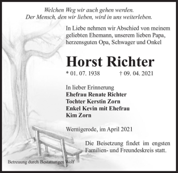Traueranzeige von Horst Richter  von Magdeburger Volksstimme