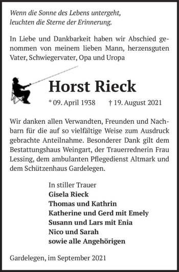 Traueranzeige von Horst Rieck  von Magdeburger Volksstimme