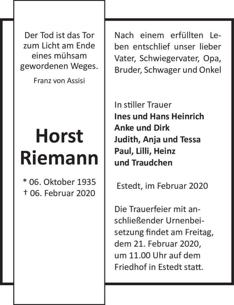  Traueranzeige für Horst Riemann  vom 08.02.2020 aus Magdeburger Volksstimme