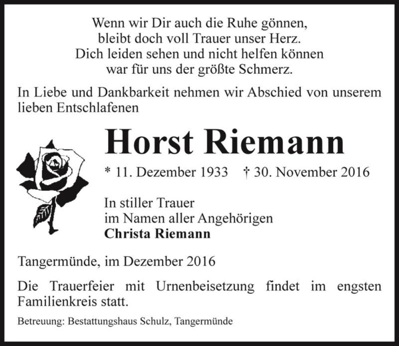  Traueranzeige für Horst Riemann  vom 03.12.2016 aus Magdeburger Volksstimme