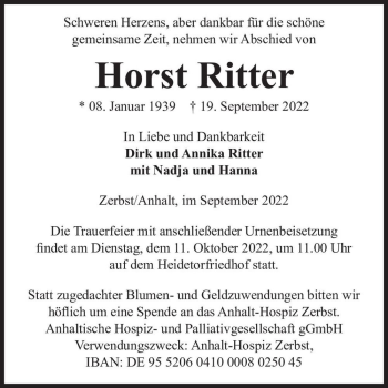 Traueranzeige von Horst Ritter  von Magdeburger Volksstimme