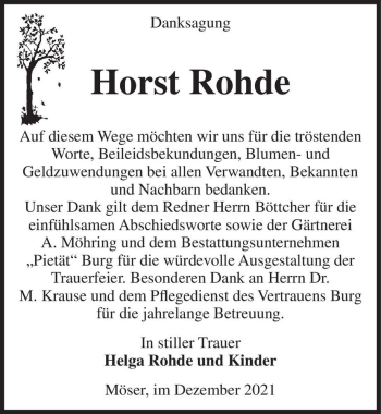Traueranzeige von Horst Rohde  von Magdeburger Volksstimme