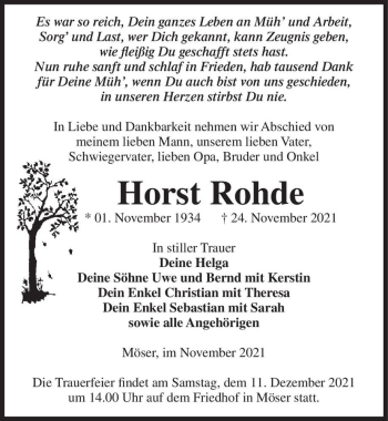 Traueranzeige von Horst Rohde  von Magdeburger Volksstimme