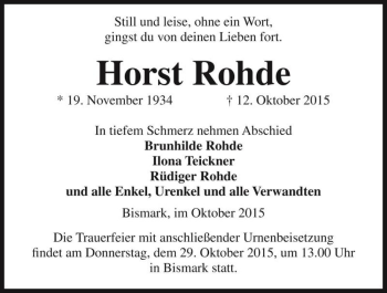 Traueranzeige von Horst Rohde  von Magdeburger Volksstimme