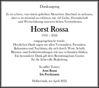Traueranzeige von Horst Rossa  von Magdeburger Volksstimme
