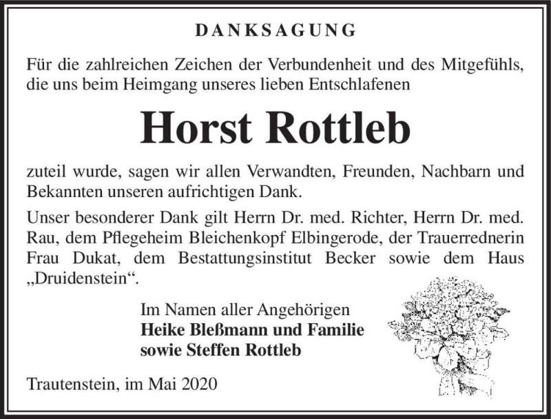  Traueranzeige für Horst Rottleb  vom 16.05.2020 aus Magdeburger Volksstimme