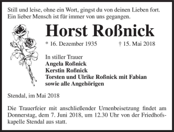Traueranzeige von Horst Roßnick  von Magdeburger Volksstimme