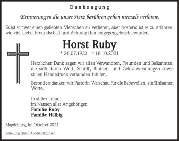Traueranzeige von Horst Ruby  von Magdeburger Volksstimme