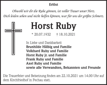 Traueranzeige von Horst Ruby  von Magdeburger Volksstimme