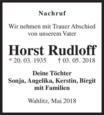 Traueranzeige von Horst Rudloff  von Magdeburger Volksstimme
