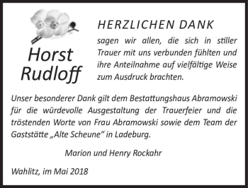 Traueranzeige von Horst Rudloff  von Magdeburger Volksstimme