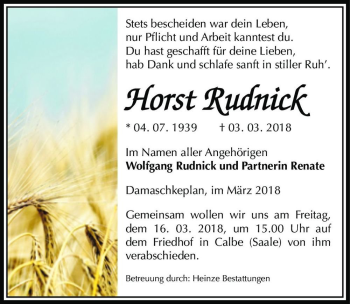 Traueranzeige von Horst Rudnick  von Magdeburger Volksstimme