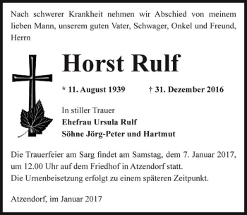 Traueranzeige von Horst Rulf  von Magdeburger Volksstimme