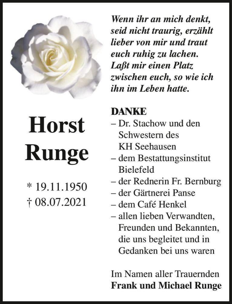  Traueranzeige für Horst Runge  vom 14.08.2021 aus Magdeburger Volksstimme