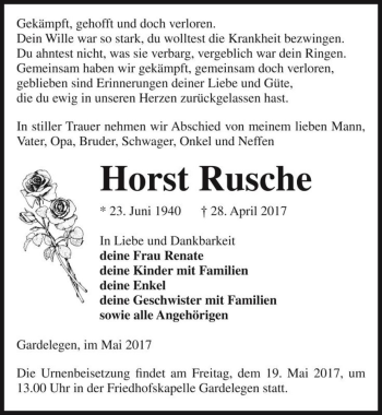 Traueranzeige von Horst Rusche  von Magdeburger Volksstimme