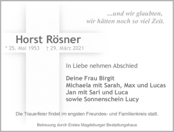 Traueranzeige von Horst Rösner  von Magdeburger Volksstimme