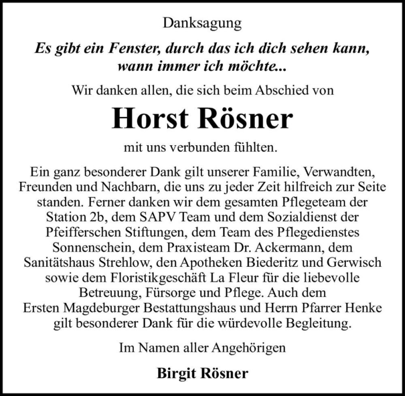  Traueranzeige für Horst Rösner  vom 30.04.2021 aus Magdeburger Volksstimme