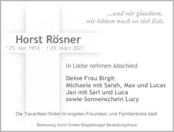 Traueranzeige von Horst Rösner  von Magdeburger Volksstimme