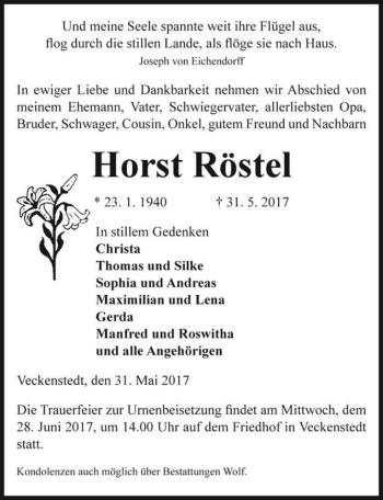 Traueranzeige von Horst Röstel  von Magdeburger Volksstimme