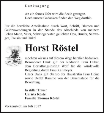 Traueranzeige von Horst Röstel  von Magdeburger Volksstimme