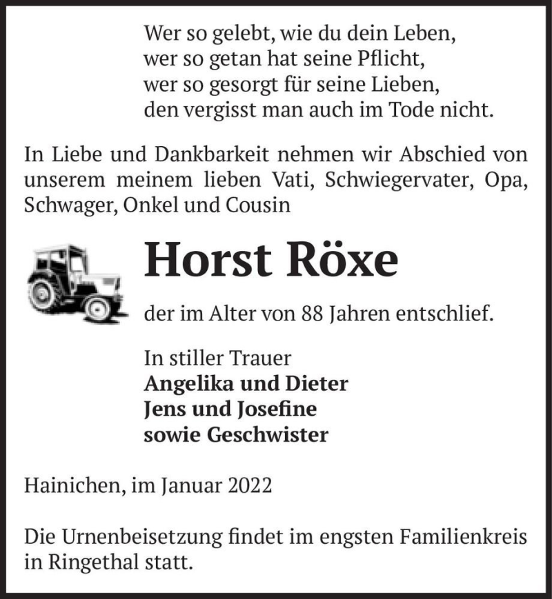  Traueranzeige für Horst Röxe  vom 08.01.2022 aus Magdeburger Volksstimme