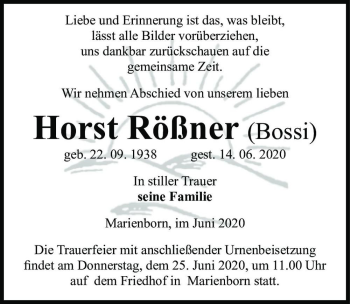 Traueranzeige von Horst Rößner (Bossi)  von Magdeburger Volksstimme