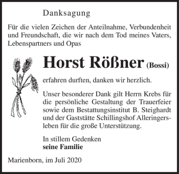 Traueranzeige von Horst Rößner (Bossi)  von Magdeburger Volksstimme