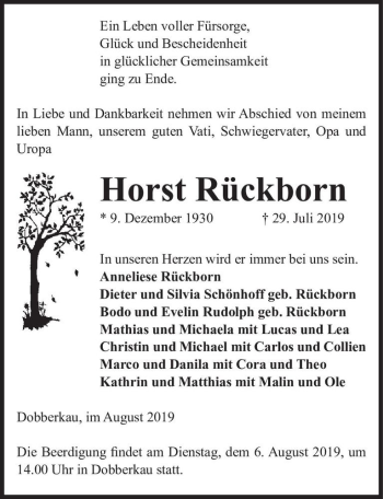 Traueranzeige von Horst Rückborn  von Magdeburger Volksstimme