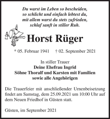 Traueranzeige von Horst Rüger  von Magdeburger Volksstimme