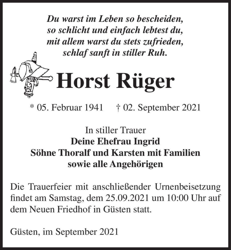  Traueranzeige für Horst Rüger  vom 11.09.2021 aus Magdeburger Volksstimme