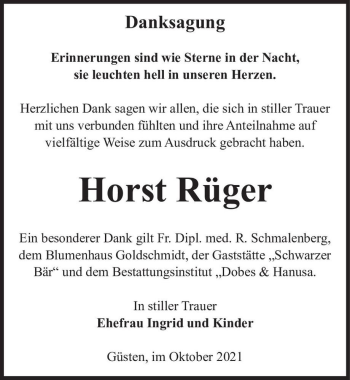 Traueranzeige von Horst Rüger  von Magdeburger Volksstimme
