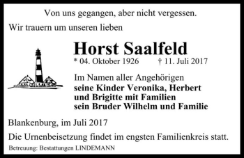 Traueranzeige von Horst Saalfeld  von Magdeburger Volksstimme