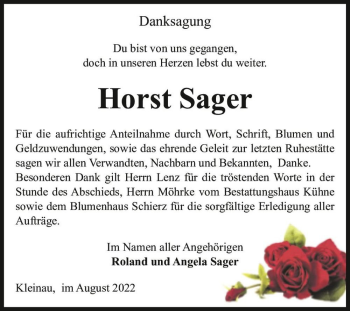 Traueranzeige von Horst Sager  von Magdeburger Volksstimme