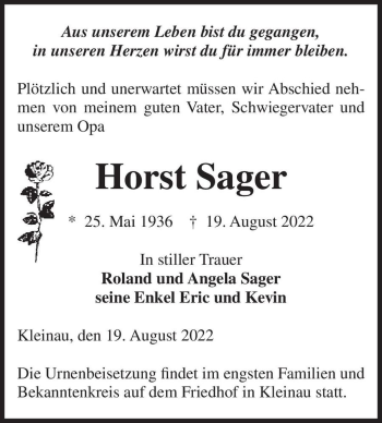 Traueranzeige von Horst Sager  von Magdeburger Volksstimme