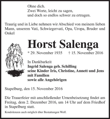 Traueranzeige von Horst Salenga  von Magdeburger Volksstimme