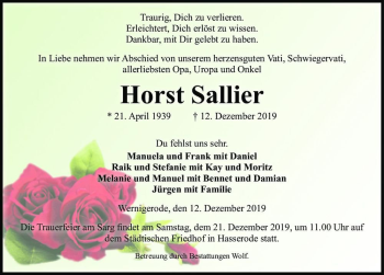 Traueranzeige von Horst Sallier  von Magdeburger Volksstimme