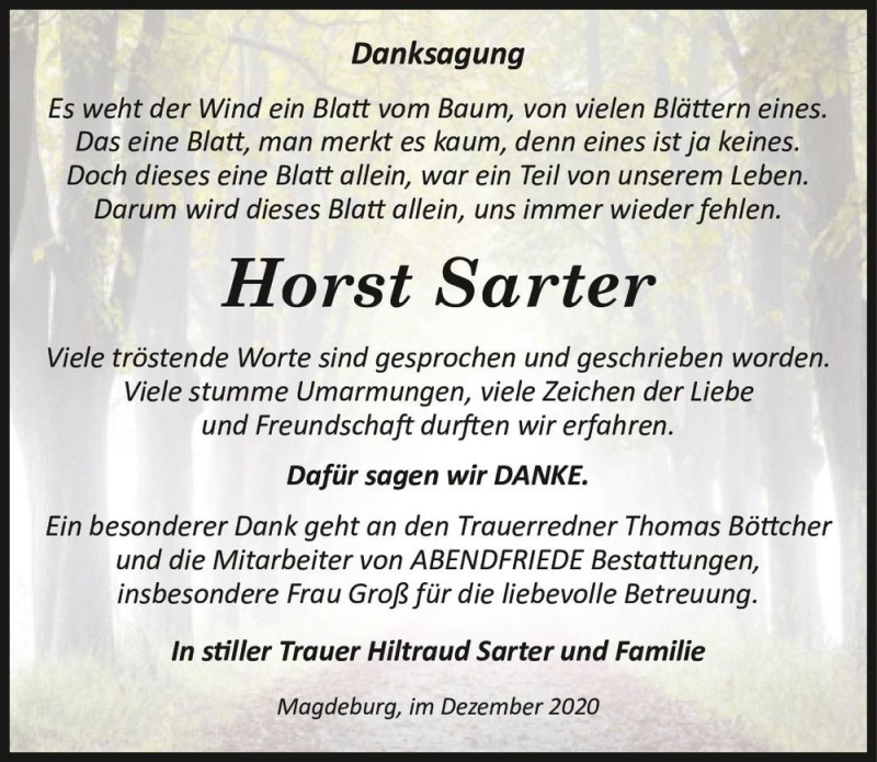  Traueranzeige für Horst Sarter  vom 19.12.2020 aus Magdeburger Volksstimme