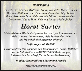 Traueranzeige von Horst Sarter  von Magdeburger Volksstimme