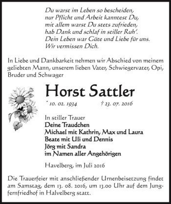 Traueranzeige von Horst Sattler  von Magdeburger Volksstimme