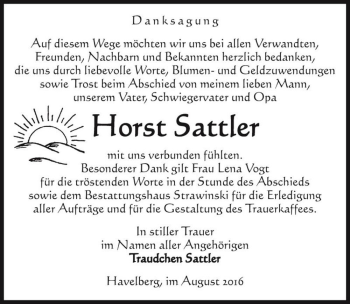 Traueranzeige von Horst Sattler  von Magdeburger Volksstimme