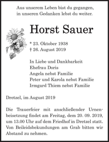 Traueranzeige von Horst Sauer  von Magdeburger Volksstimme