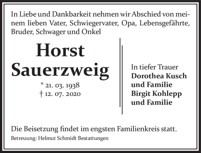  Traueranzeige für Horst Sauerzweig  vom 25.07.2020 aus Magdeburger Volksstimme