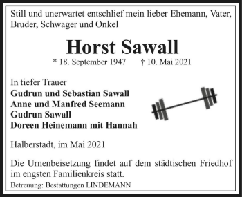 Traueranzeige von Horst Sawall  von Magdeburger Volksstimme