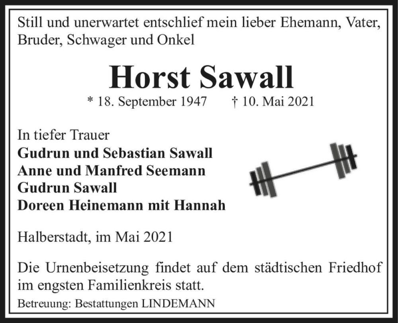  Traueranzeige für Horst Sawall  vom 22.05.2021 aus Magdeburger Volksstimme