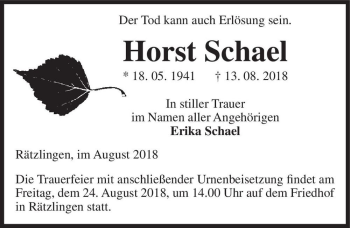 Traueranzeige von Horst Schael  von Magdeburger Volksstimme