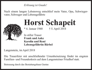 Traueranzeige von Horst Schapeit  von Magdeburger Volksstimme