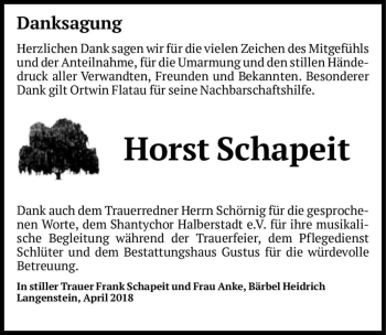 Traueranzeige von Horst Schapeit  von Magdeburger Volksstimme
