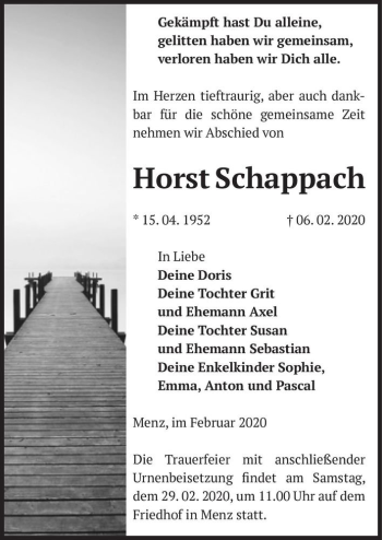Traueranzeige von Horst Schappach  von Magdeburger Volksstimme