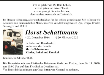 Traueranzeige von Horst Schattmann  von Magdeburger Volksstimme