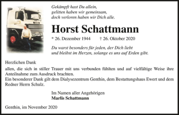 Traueranzeige von Horst Schattmann  von Magdeburger Volksstimme
